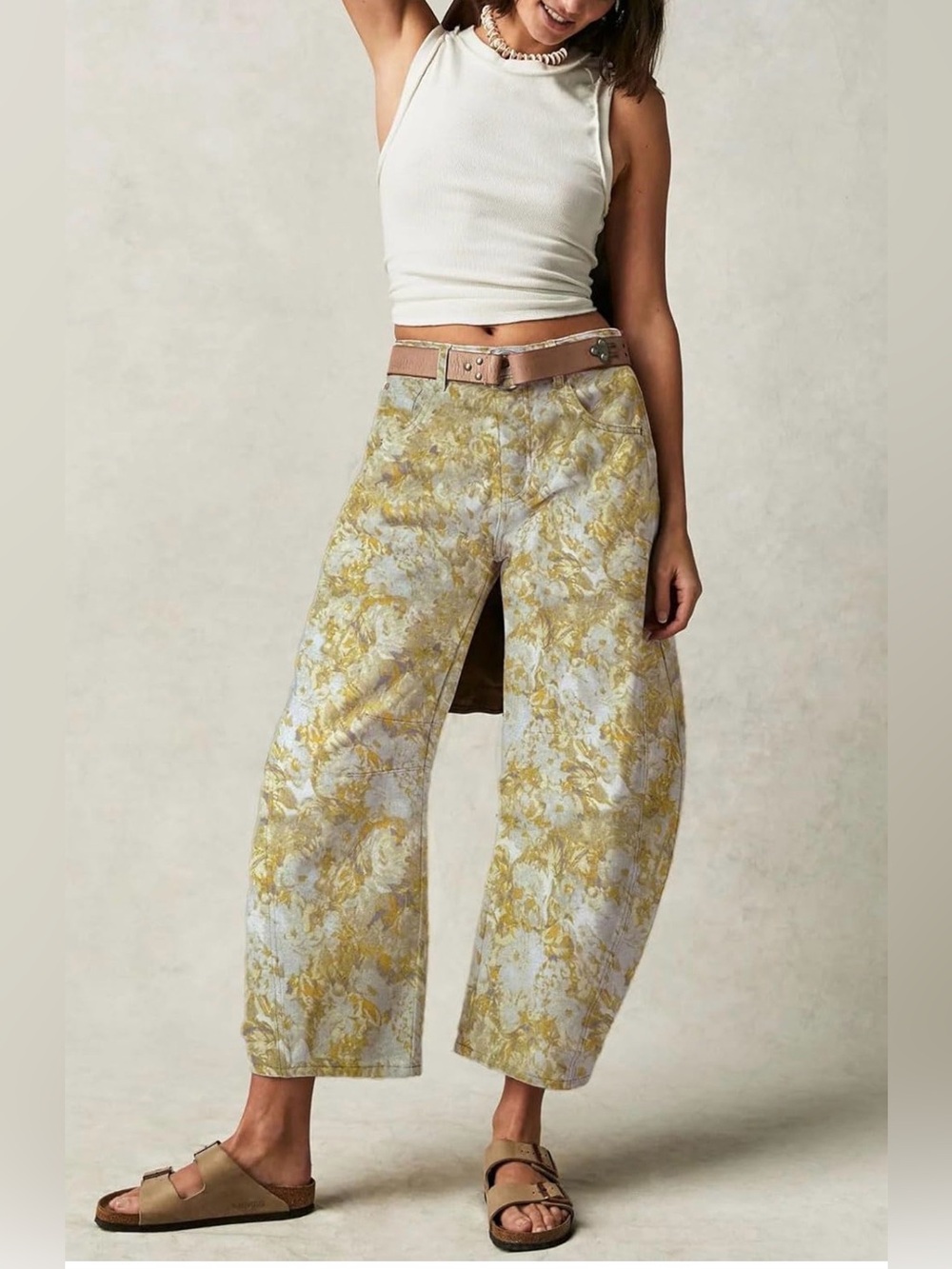 Loveimgs Barrel Wide Leg Floral Jacquard Pants Yellow and Cream Size Large